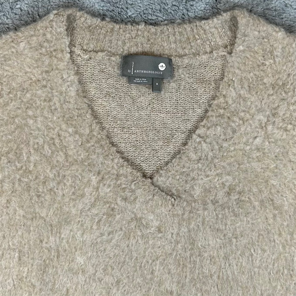 Anthropologie V-Neck Fuzzy Merino Wool Alpaca Blend Sweater Beige Small